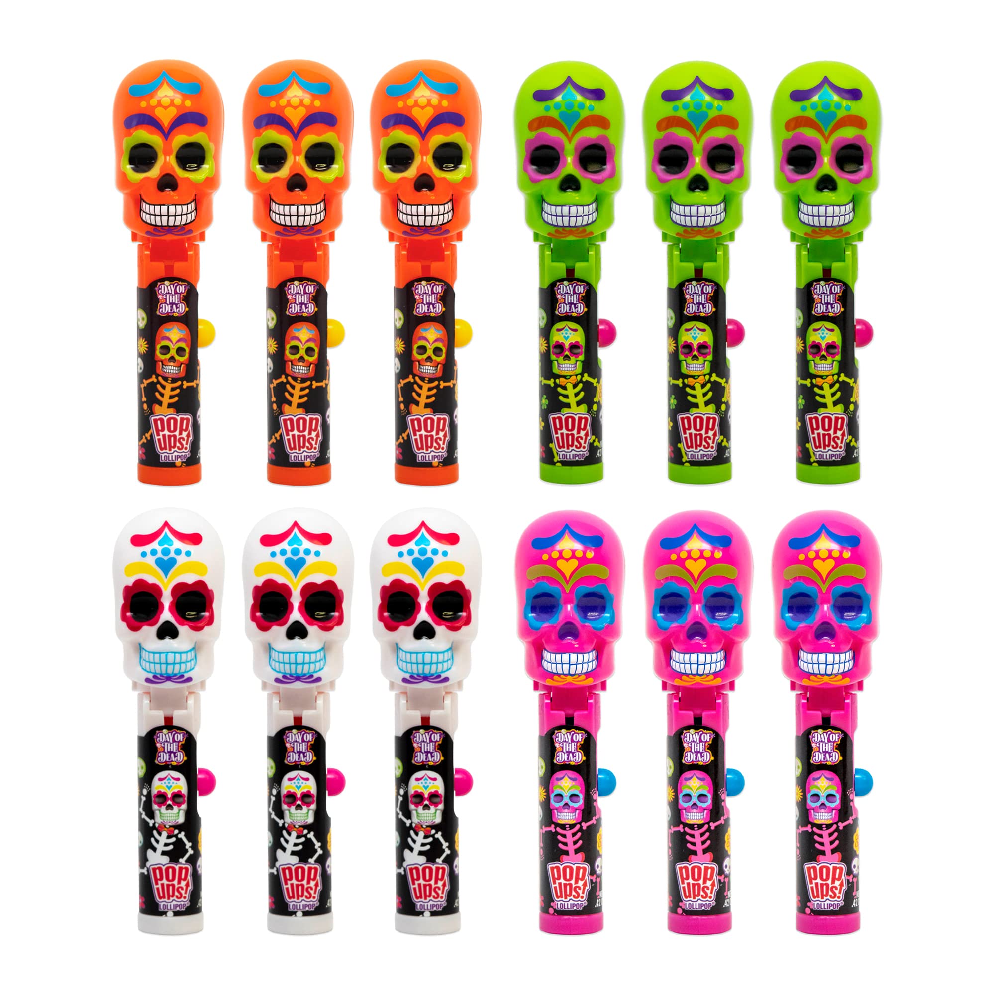 Pop Ups! Day of The Dead Lollipop Holder - 12 Lollipops with Cases - Individually Wrapped Candy Party Favors, Stocking Stuffers - Sugar Skull Candy - Bulk Set of 12