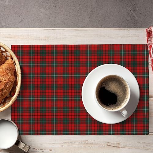 Miniatura 7 de Juego de 4 manteles individuales Macaulay Clan de lino tartán rojo y verde de doble capa, manteles individuales decorativos de cocina de granja,
