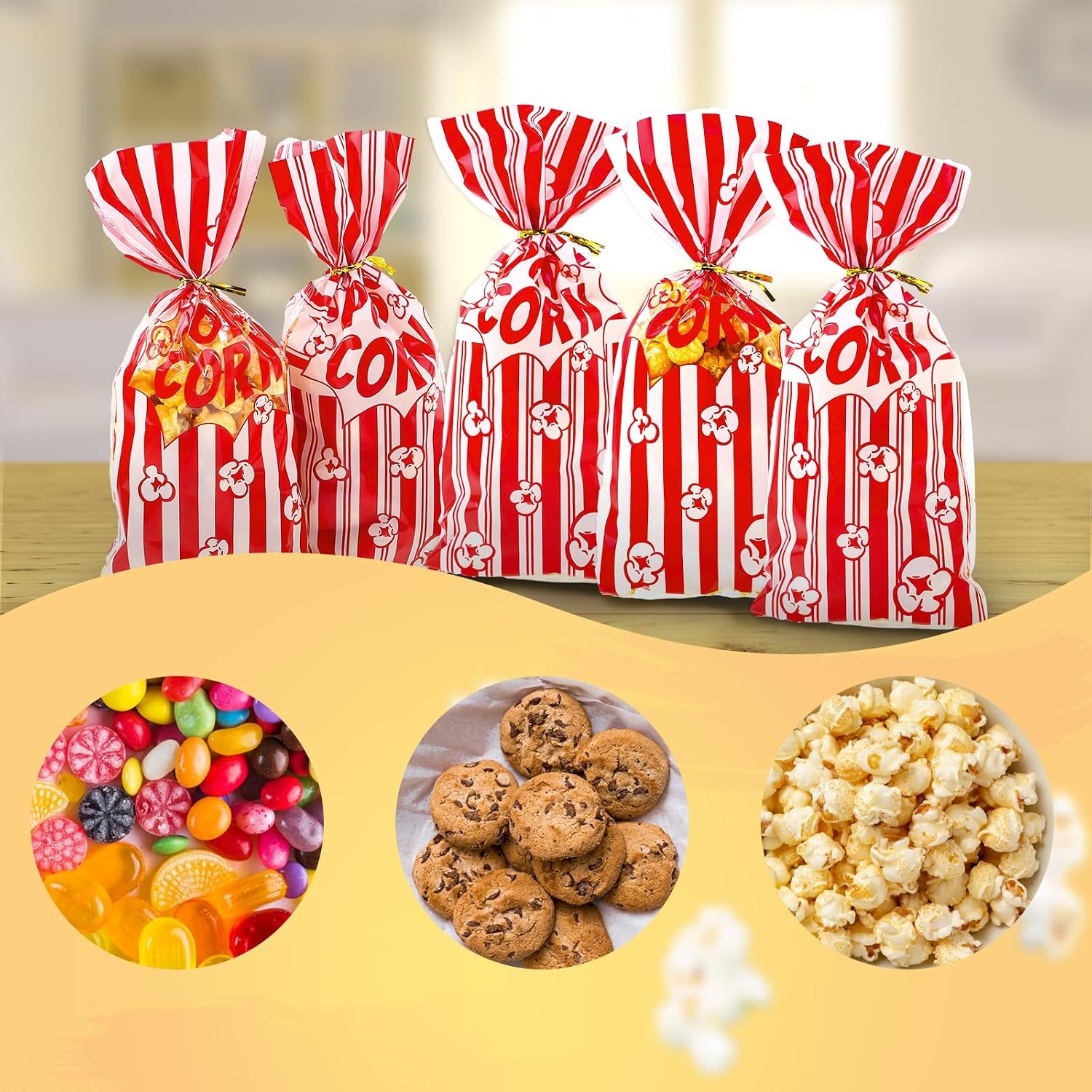 woric 200 Pcs Popcorn Treat Bags, 10.6" * 5.1" Popcorn Bags with Twist Ties