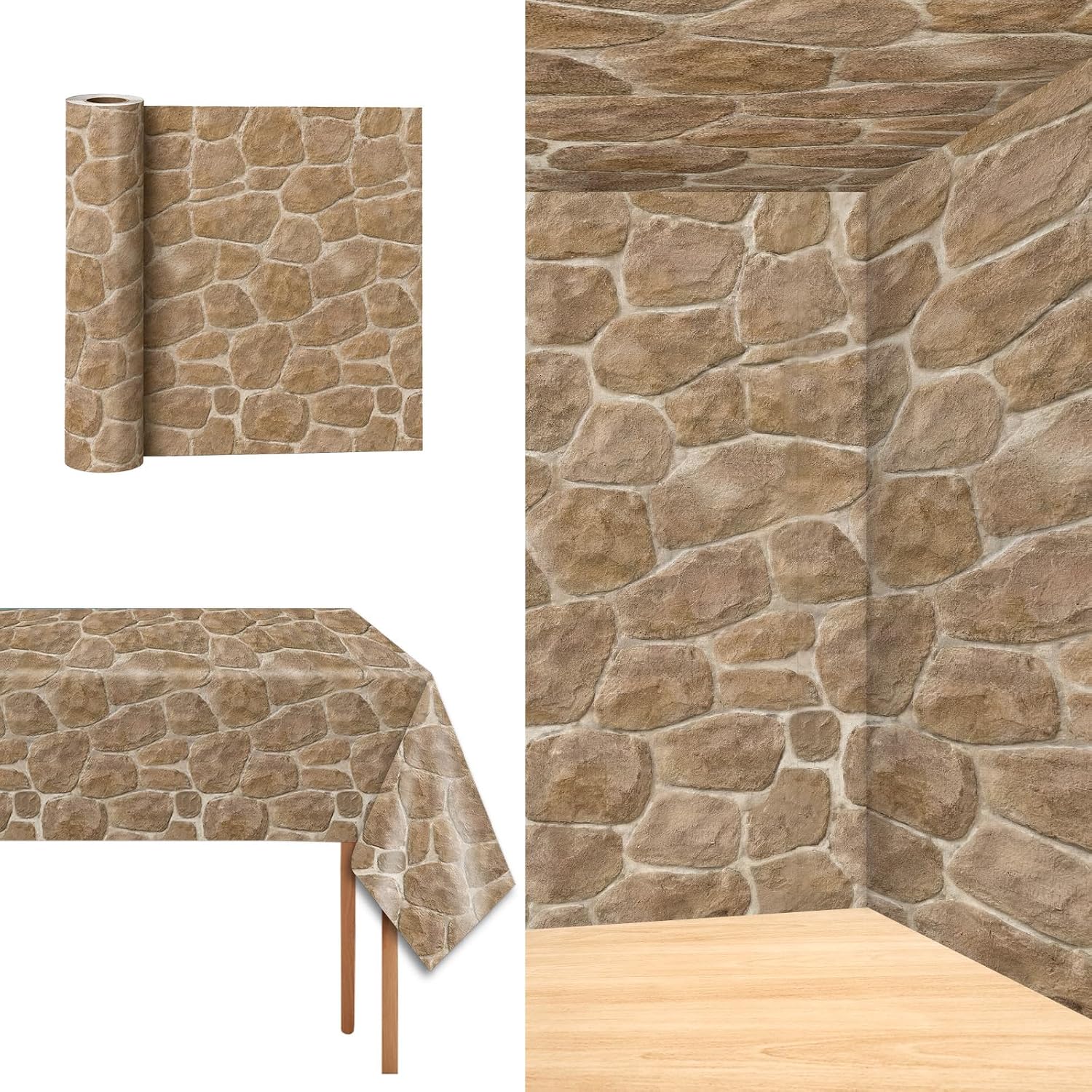 party greeting 100 Ft X 51 in Stone Brick Wall Tablecloth Roll Plastic Disposable Table Cover Stone Wallpaper Backdrop for VBS Vacation School Decor Halloween Summer Party Picnic BBQ Garden Supplies