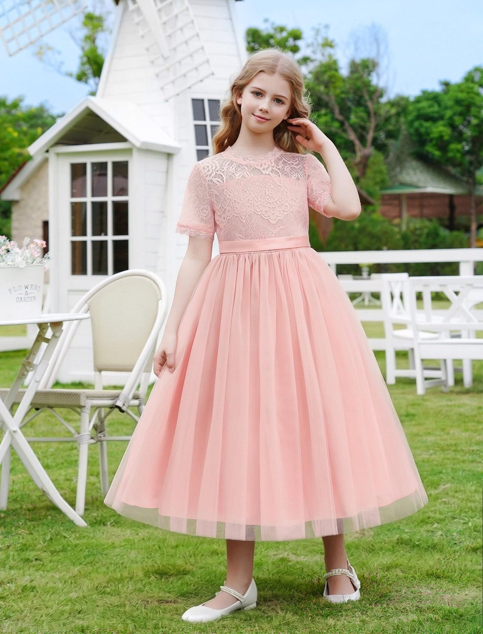Vestido de encaje de manga corta para niñas, cuello redondo, tutú de tul, vestido de princesa, para cumpleaños, dama de honor, boda, fiesta, concurso, primera comunión, vestido de graduación