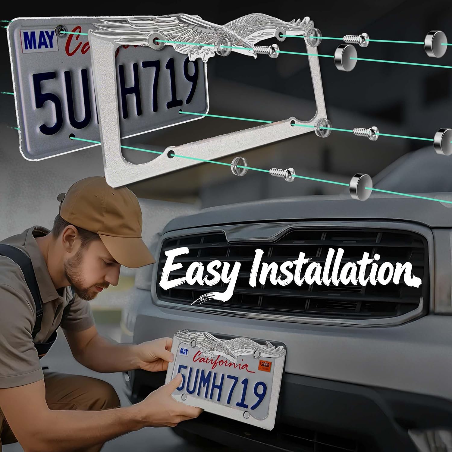 Heavy Duty 3D Chrome American Eagle License Plate Frame with 4 Silver Screw Caps, Street Legal Universal Fit for Cars & Trucks, Premium Rust-Free Zinc Chrome Eagle License Plate Frame for Women & Men