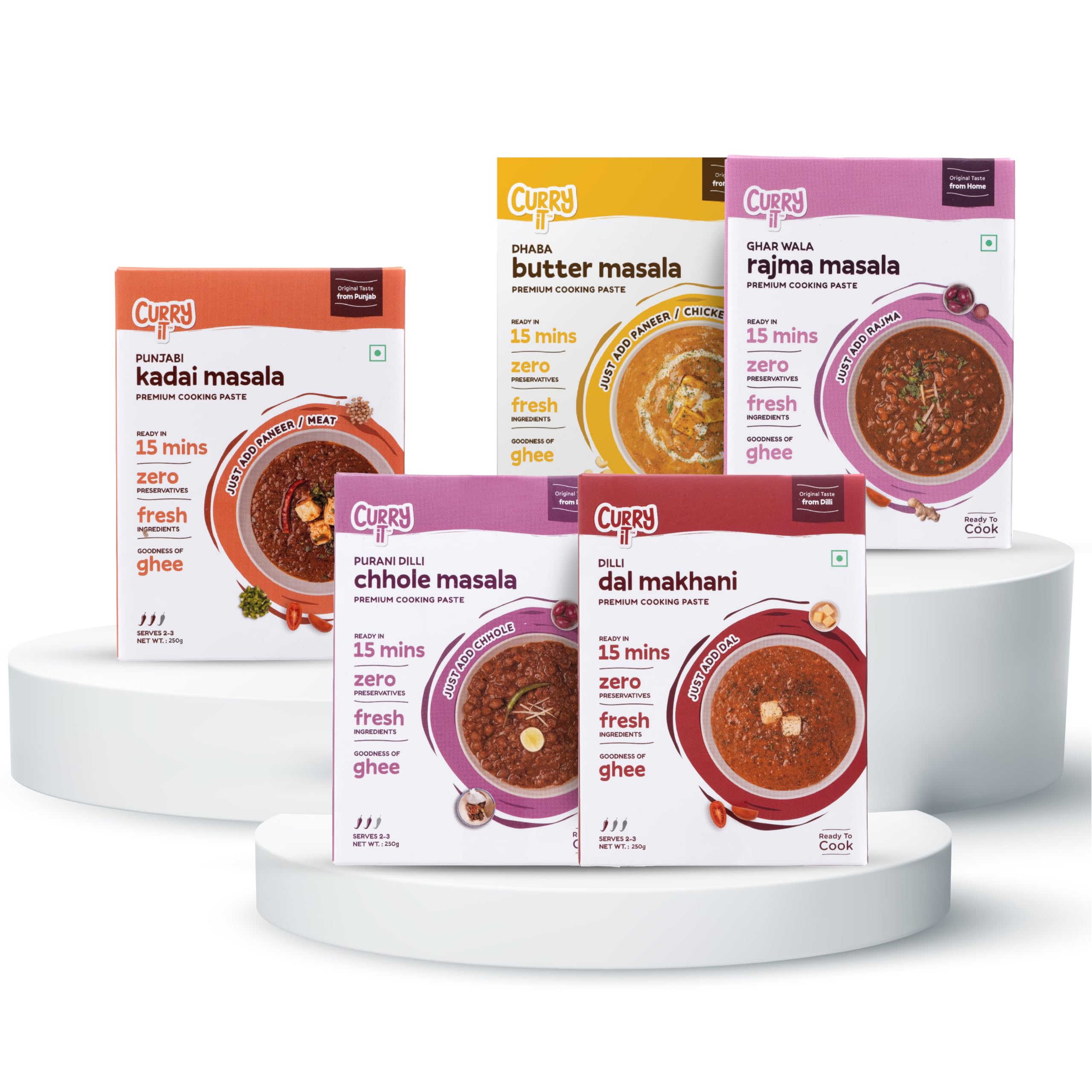 CURRYiT Vegetarian Combo | Chole Masala, Dal Makhni, Butter Paneer, Punjabi Kadhai Masala & Rajma | Ready in 15 Mins | Made with Ghee | Ready To Cook Indian Masala Gravy (Pack of 5-250g Each) (B09W2P4D1P) Amazon Price History, Amazon Price Tracker