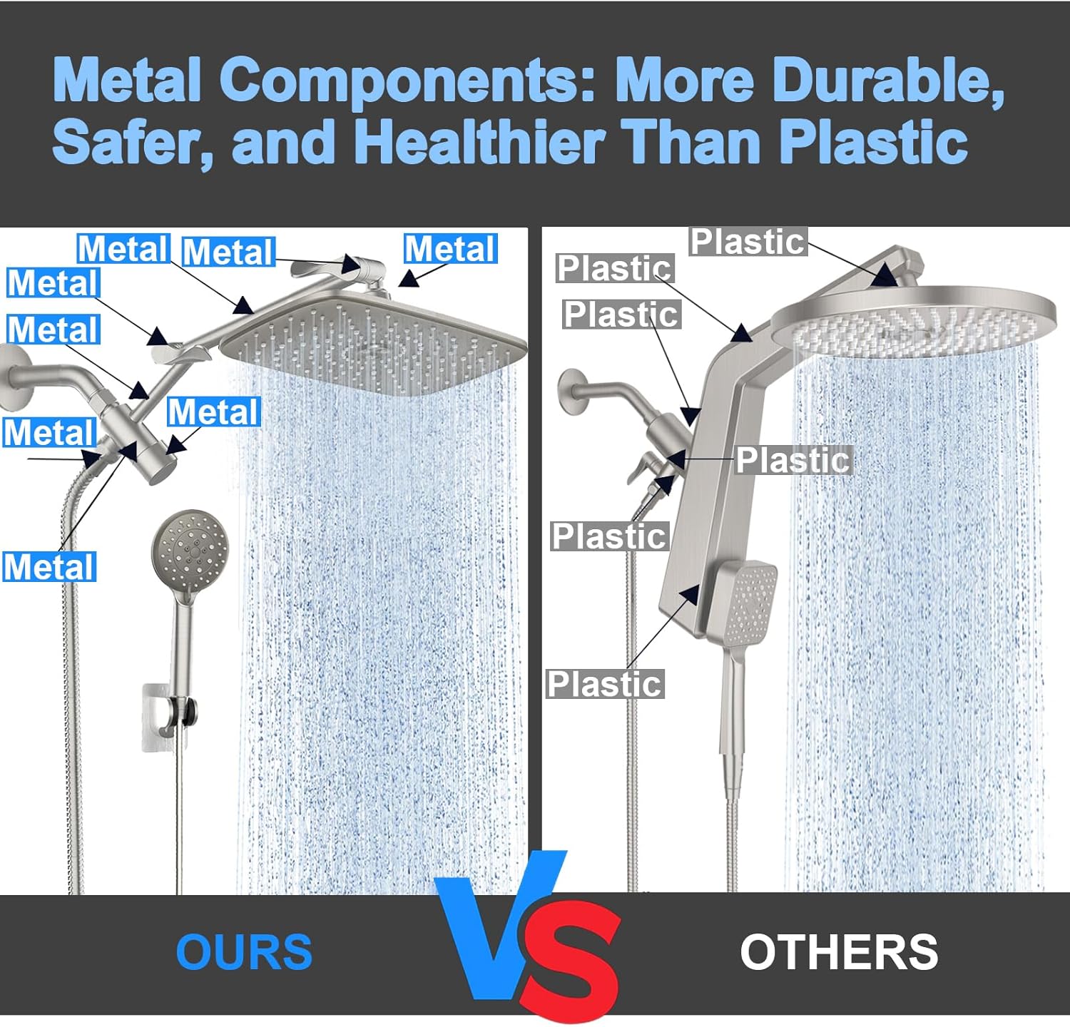 Veken 11.8" Rain Shower Head with Handheld with Arm (Brushed Nickel) and Veken 11.8" Rain Shower Head with Handheld (Chrome Silver)