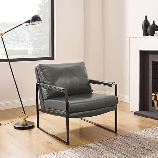 Art Leon Genuine Leather Accent Chair, Mid Century Modern Arm Chair with Black Metal Frame, Single Sofa Chair for Living Room Bedroom, Gray