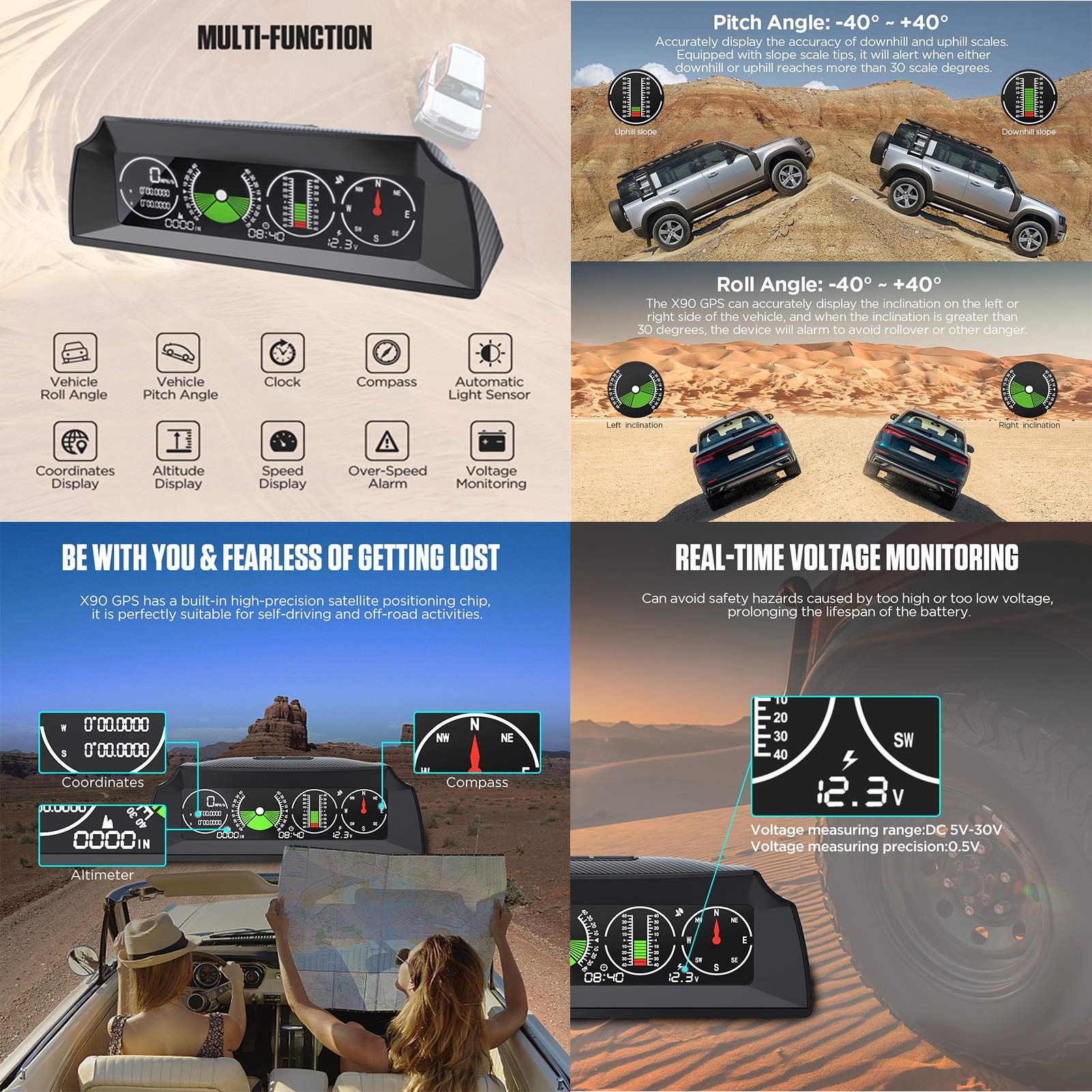 KIMISS Clinómetro para coche con GPS, medidor de pendiente y ángulo de inclinación, HUD multifunción, brújula y velocidad en km/h
