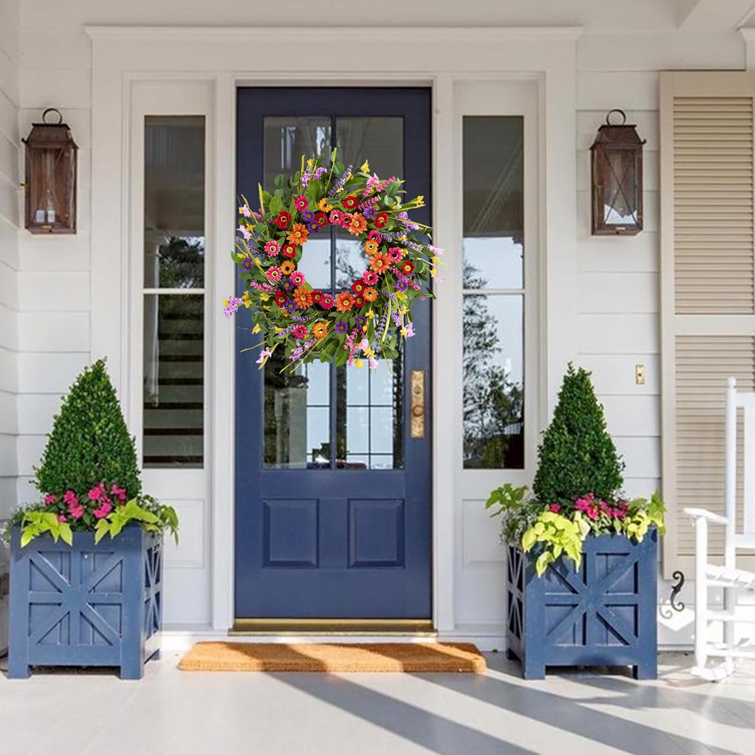 Artificial Spring Wreath 22 Inch Summer Wreaths for Front Door with Green Eucalyptus Leaves Pink Daisy Lavender Spring Door Wreath for Farmhouse Wall Wedding Home Porch Easter - Image 3