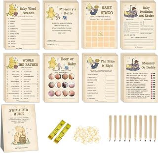 Winnie Baby Shower Games & Decor - 9 Activities, Party Favors & Decorations，143 Pcs The Pooh Game Cards Set, Gender Reveal Party Decor, The Pooh Baby Shower Decorations, Bear Party Favors，Yellow
