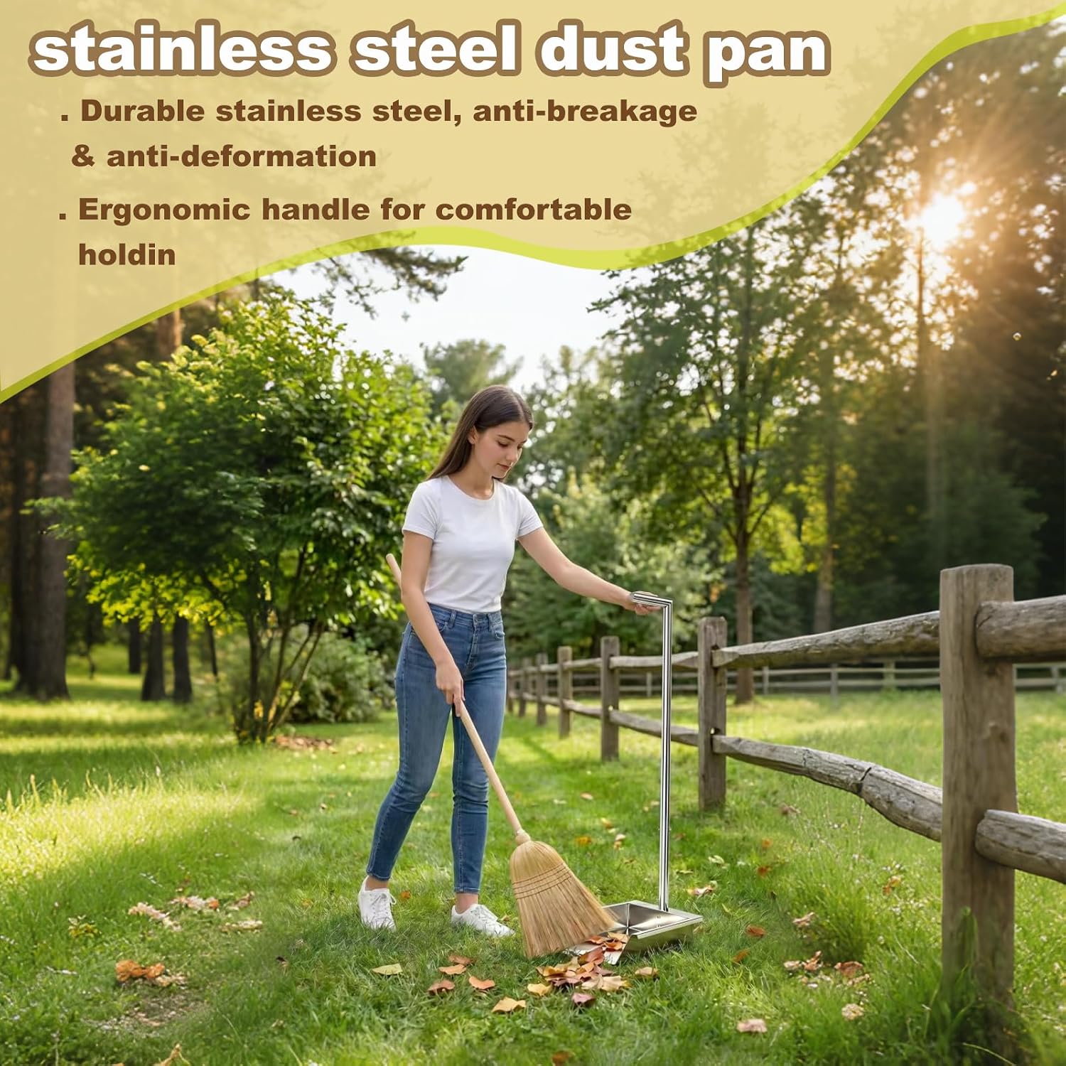 35in Heavy Duty Stainless Steel Standing Dust pan with Handle, Long Handle Metal Dustpans, Stand Up Large Dustpan for Farm, Office, Garage, Outdoor Yard, Commercial & Household Use