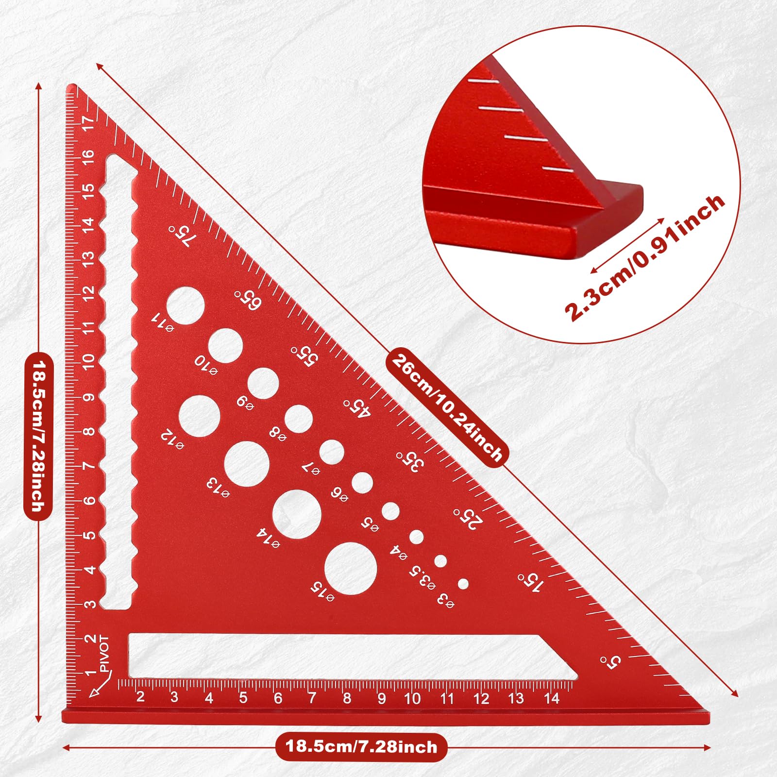 Woodworking Triangle Ruler, Aluminum Alloy Carpenter Square, Multifunctional Rafter Square Protractor Tool Aluminum Metal Square, Precise Carpenter Measuring Ruler for Woodworking Construction (Red)