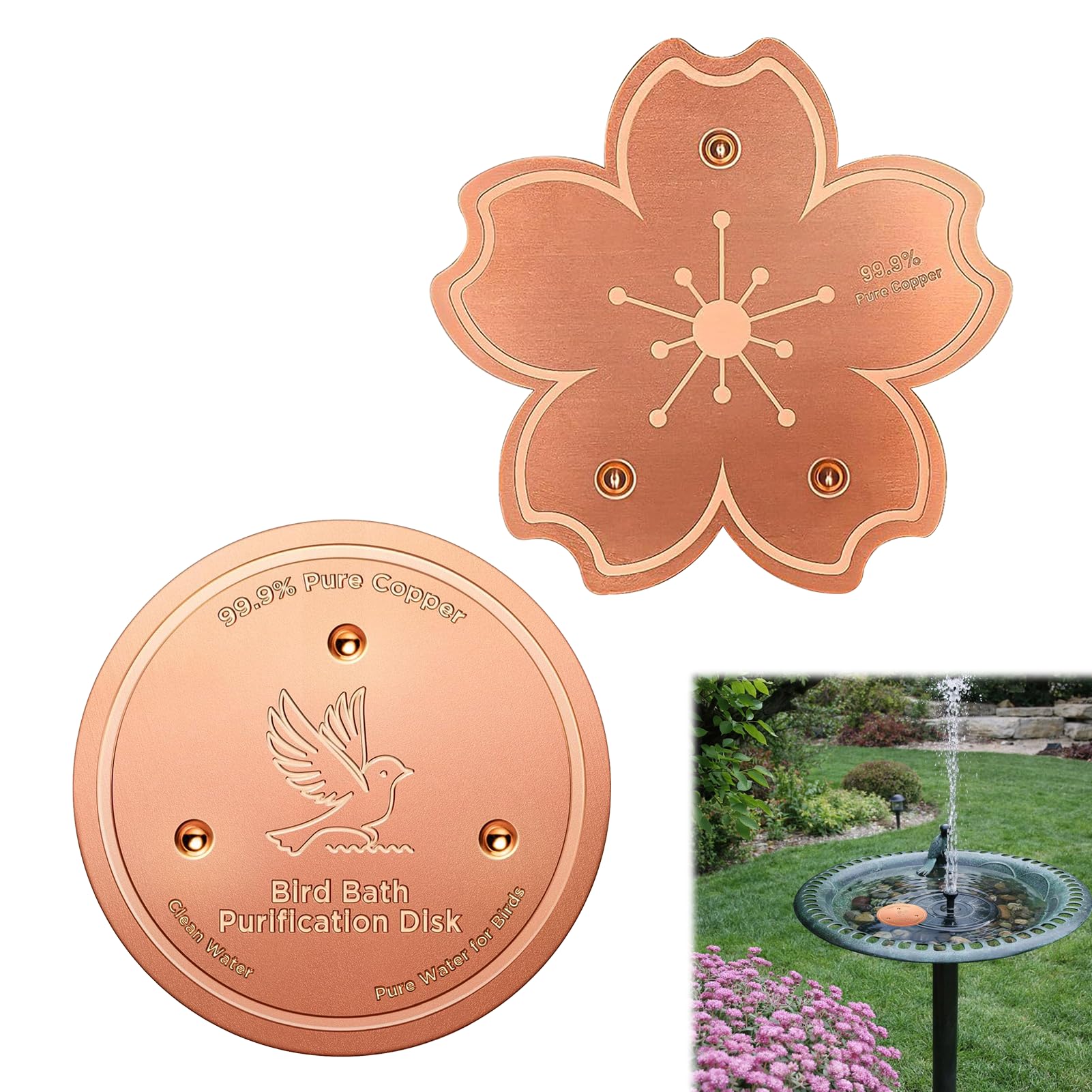 2 Pack Pure Copper Purification Disk, Bird Bath Bowl Flat Round for Bird Bath Clean, Disk for Physical Safe Clean Water All-Season, Fit for Outdoor Birdbaths & Bowls Birdbaths Fountains etc