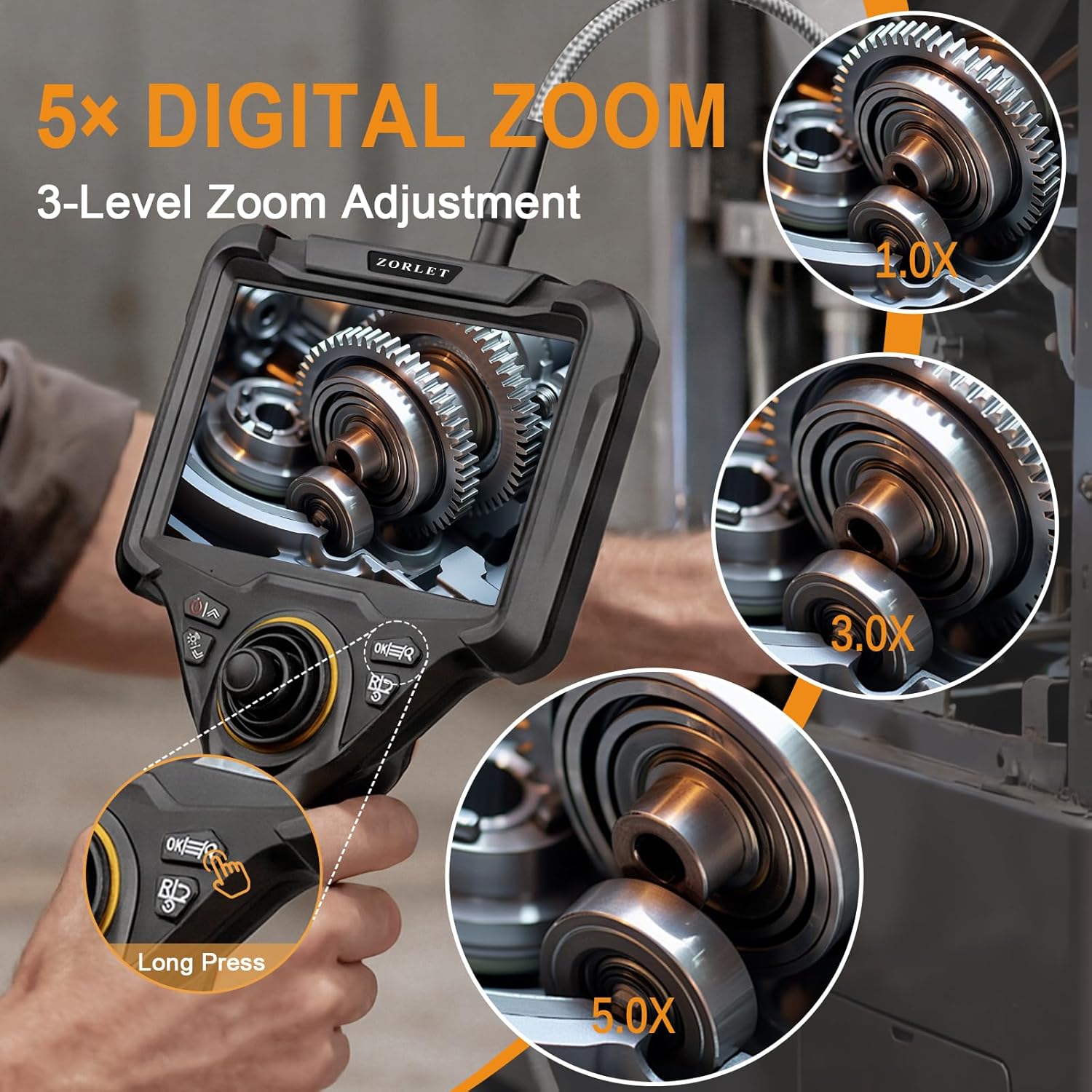 3.9mm 4-Way Articulating Borescope, 5 in IPS Screen Endoscope Camera with Light, 5FT Stainless Steel Flexible Cable, 0.15in Probe, Industrial Inspection Camera for Automotive, Engine & Pipe