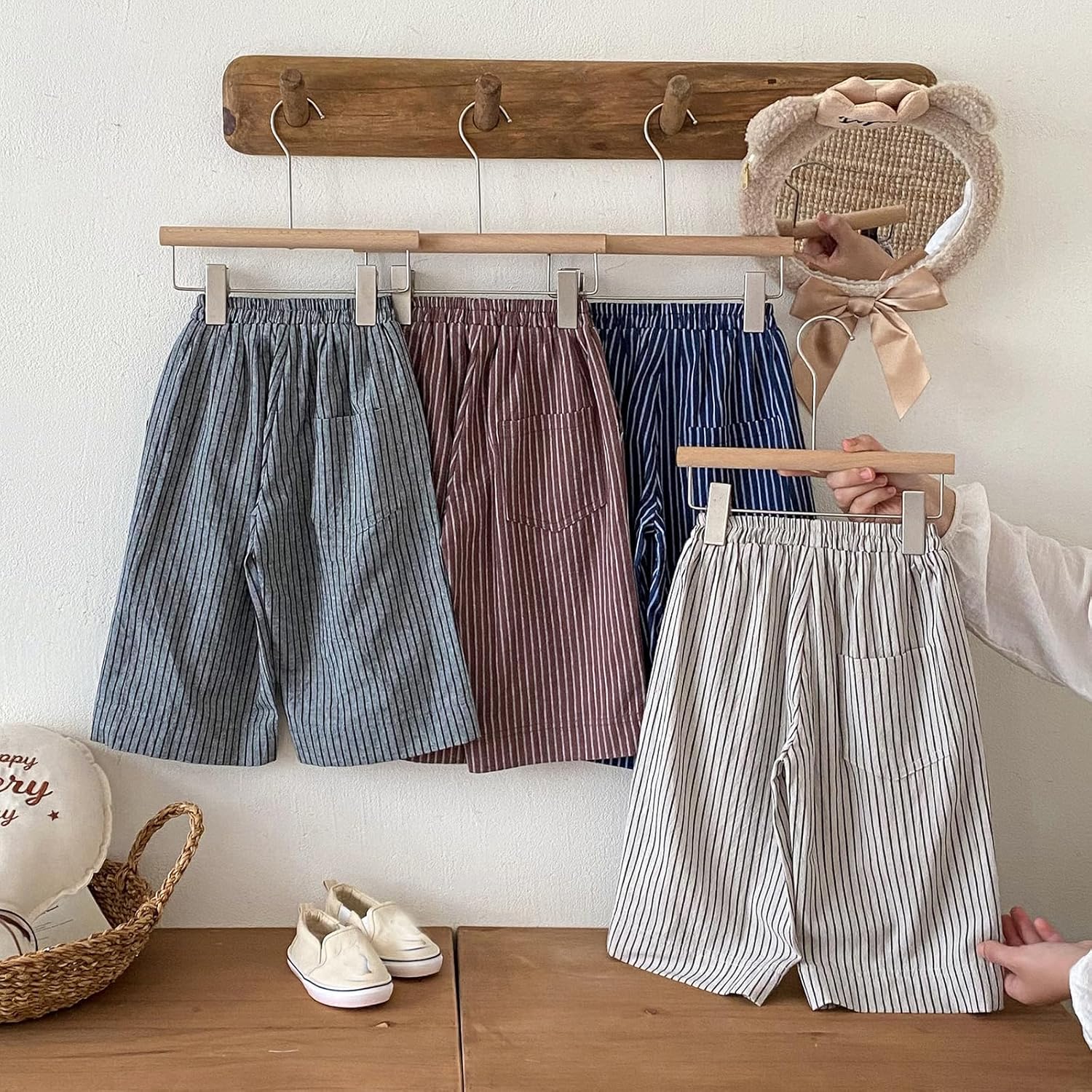 Ashmyova Casual Pants for Boys Girls Classic Linen Cotton Stripe Elastics Waist Spring Autumn Trousers Kids Long Pants 2Pcs - Image 3