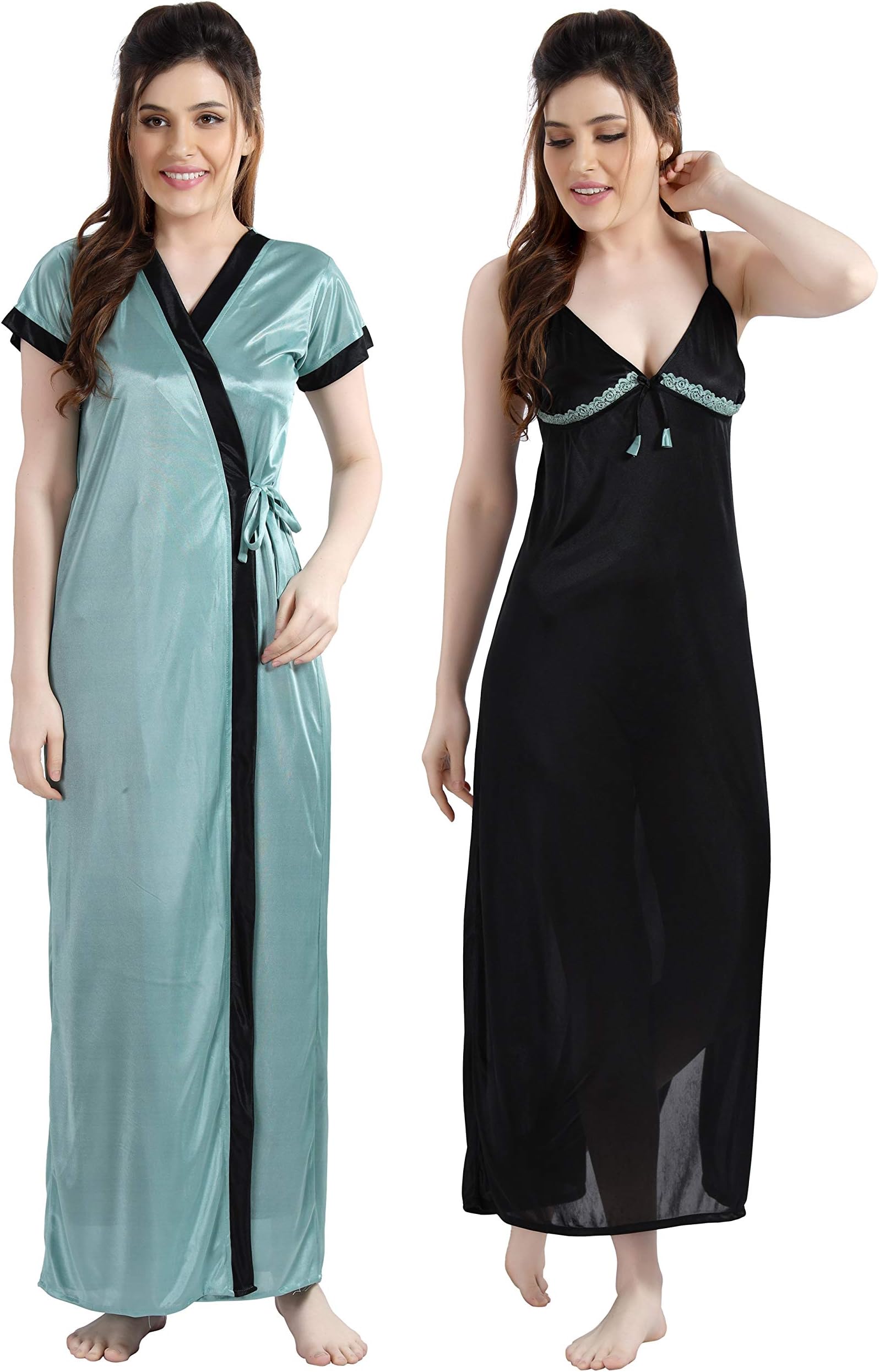 Women's Satin Solid Knee Length Nighty With Lace And Robe