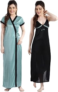 AV2 Women's Satin Solid Knee Length Nighty with Robe Price In India