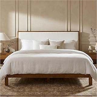 DG Casa Solid Wood Queen Platform Bed Frame with Upholstered Boucle Headboard, Walnut Finish, Low-Profile Design, No Box Spring Needed
