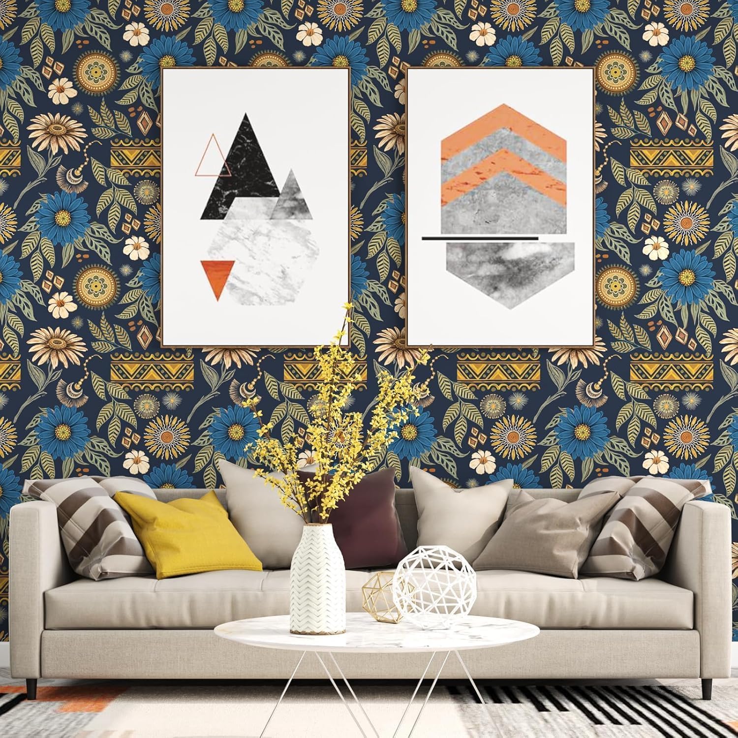 Blue Boho Floral Peel and Stick Wallpaper 17.5” x 118” | Self-Adhesive, Removable and Waterproof for Smooth Walls, Bedrooms, Bathrooms, Kitchens, Cabinets, Shelves and Drawers