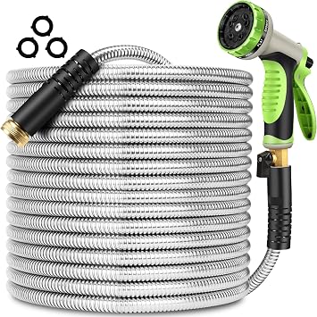 Metal Garden Hose 100 ft Stainless Steel Water Hose Heavy Duty with 10 Way Nozzle-Flexible Lightweight Durable No Kink & Tangle Hoses Pipe Strong 3/4 Solid Brass Fitting for Outdoor Yard