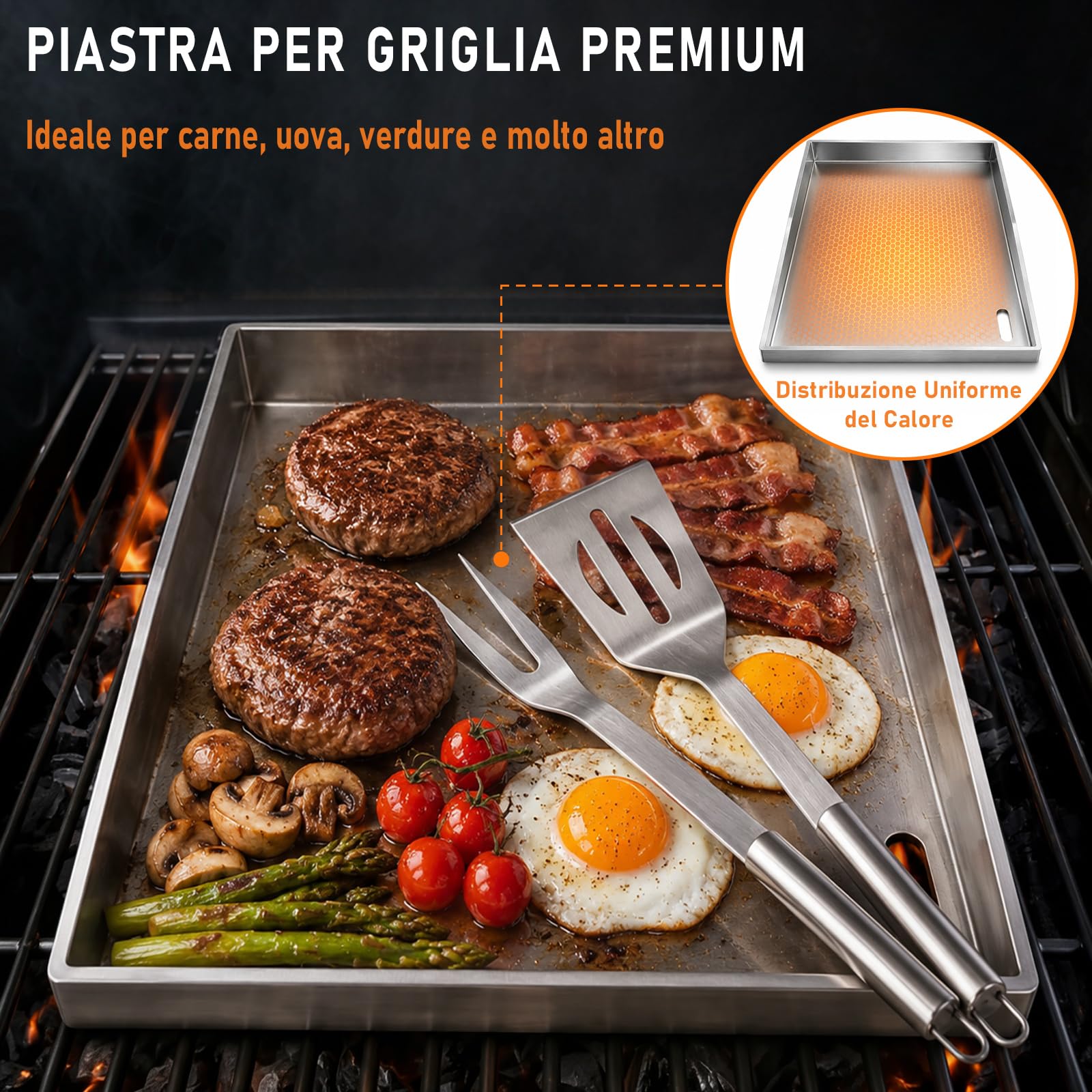 Set di Plancha in Acciaio Inox da 4 mm, 40 x 30 cm, con 5 Pezzi di Utensili per Barbecue, Spatola Inclusa, Stabile e senza Deformazioni, Adatta per Barbecue a Gas e a Carbone.