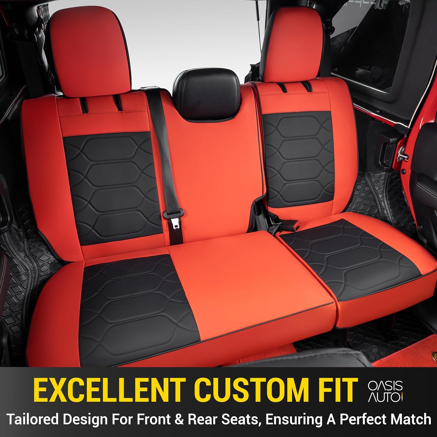 OASIS AUTO Custom Fit Seat Covers Compatible with Jeep Wrangler JL Unlimited (2018-2026) 4-Door, Waterproof Faux Leather, Fits Rubicon Sahara Sport (Black&Red)