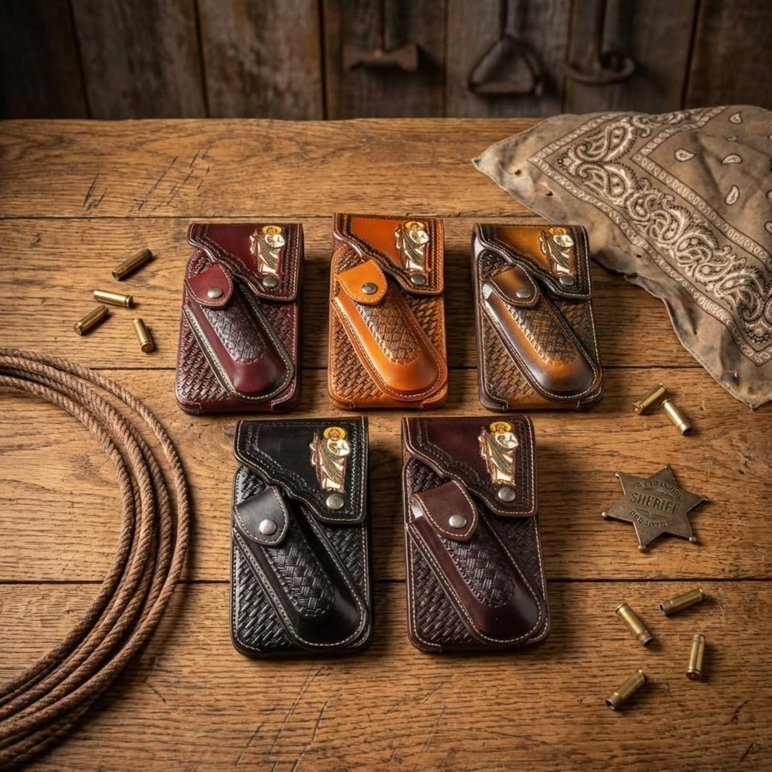 Jesus Basketweave Holster with Knife Sheath Western Leather Phone Belt Pouch Embossed Handmade Cell Phone Case Tooled Case Universal by E g i f t h o m e #EH13250_Pouch Size 7" x 4" x 1" (Tan)