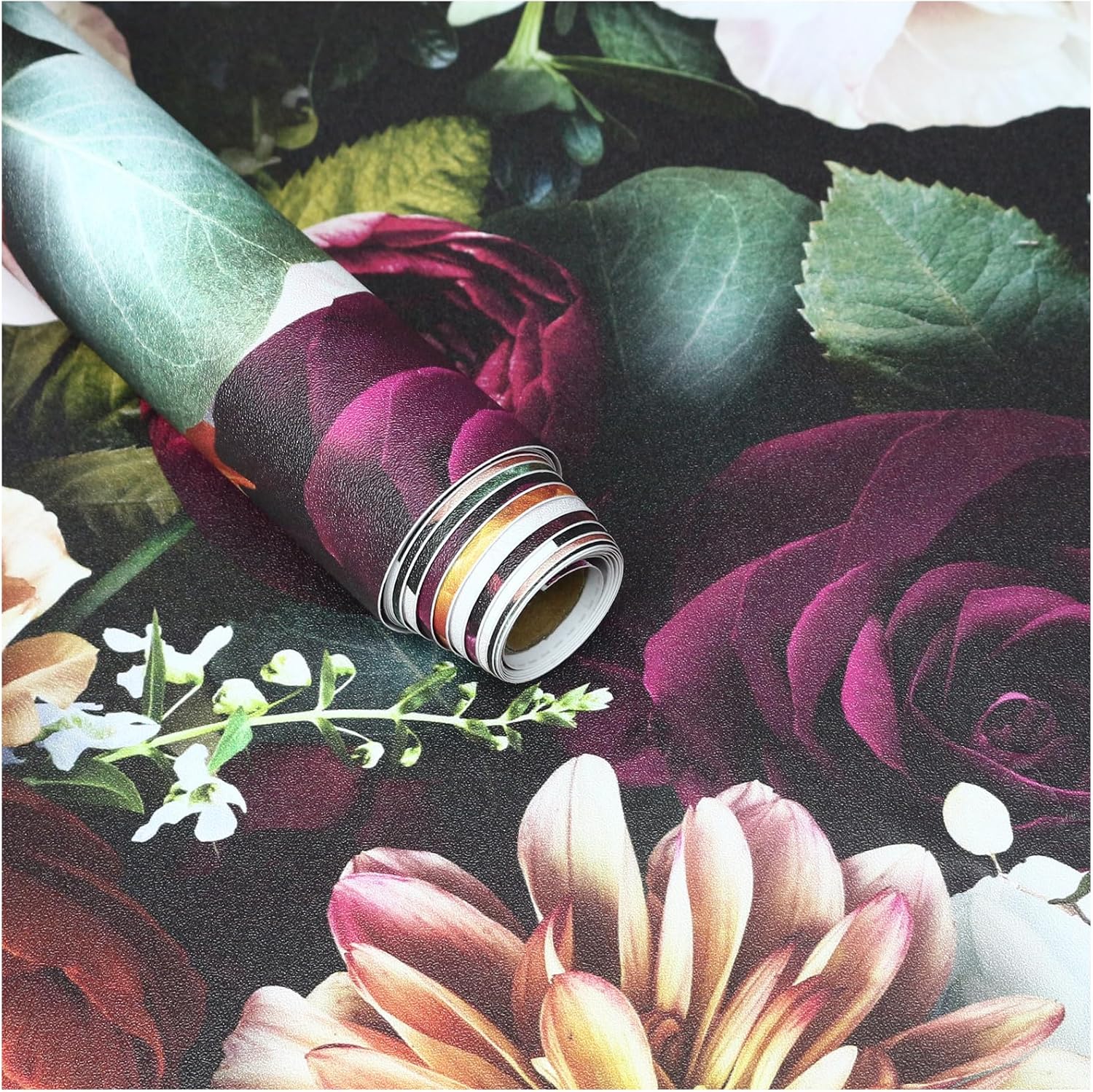 HAOKHOME Peel and Stick Floral Wallpaper Rose Daisy Removable Black/Pink/Purple Stick on Wild Mural 17.7in x 32.8ft