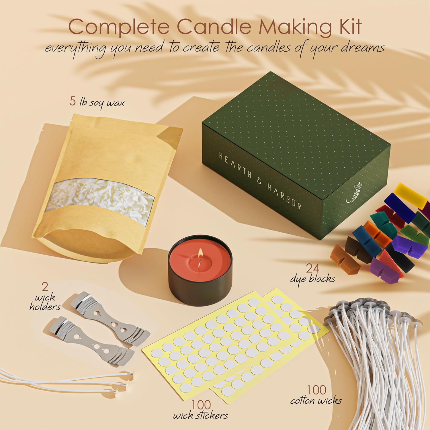 Hearth & Harbor Natural Soy Wax and DIY Candle Making Supplies - 5 Lbs Soy Candle Wax Flakes, 24 Candle Wax Dye Blocks, 100 Cotton Wicks, and 2 Metal Centering Device, Multicolored