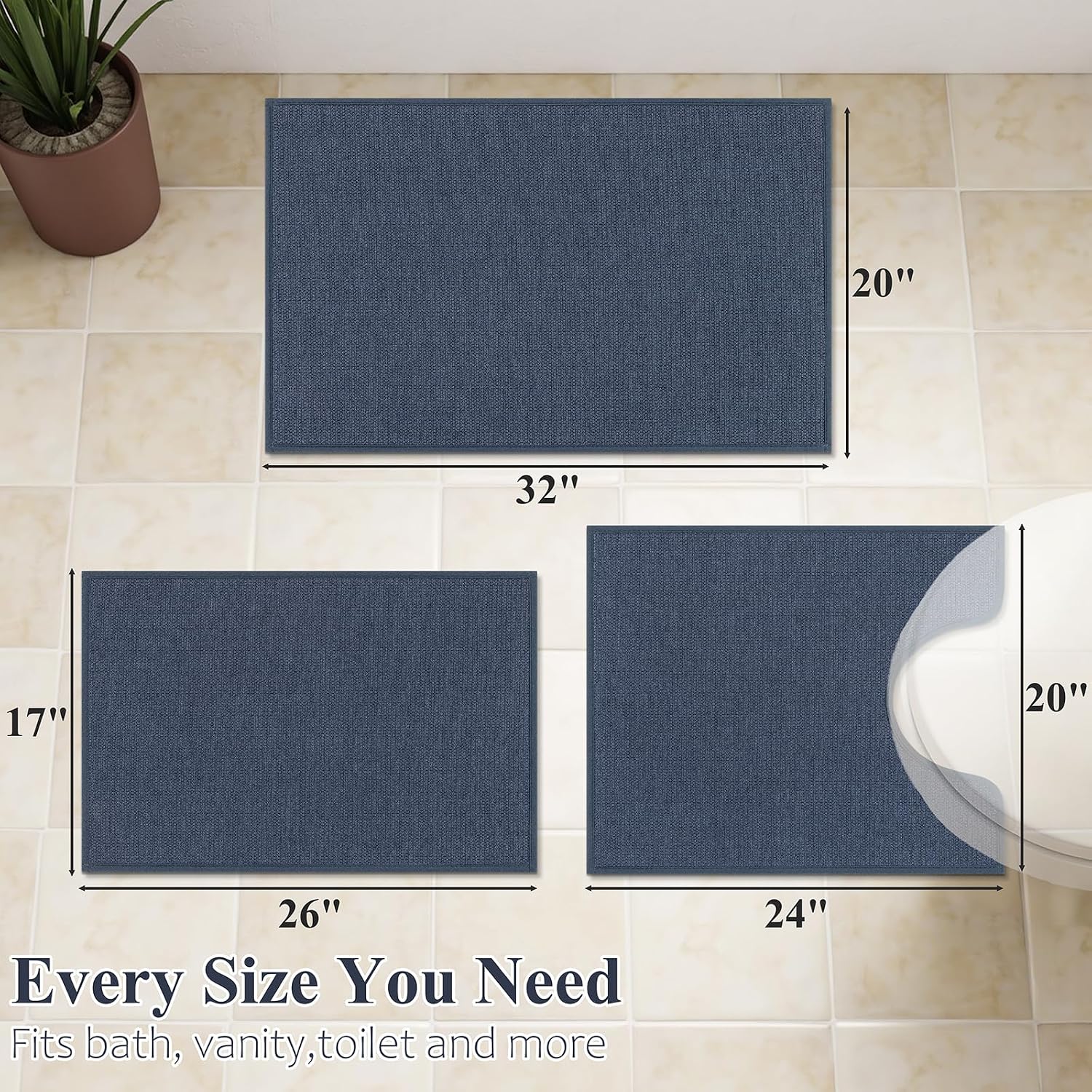 Ileading Bathroom Rugs Sets 3 Piece Non Slip Washable, Absorbent Quick Dry Thin Bath Runner Rug, U Shaped Toilet Mat for Shower Tub Sink Kitchen Laundry (Dark Blue)