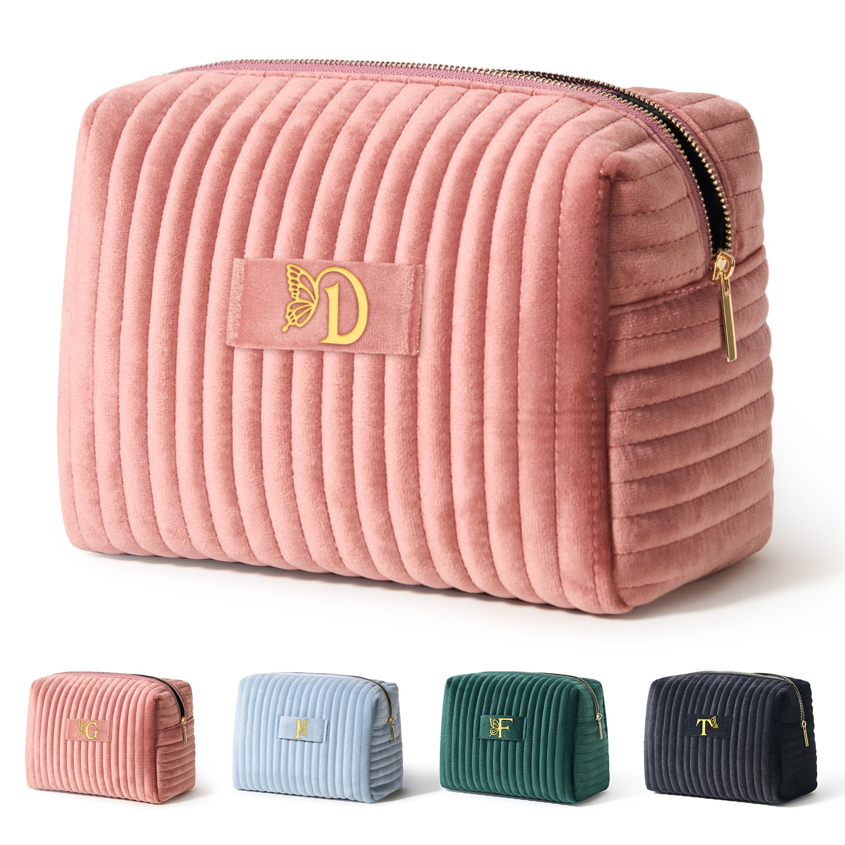 COSHAYSOO Travel Makeup Bag Quilted Make Up Pouch Initial Velvet Cosmetic Case with Butterfly Decorations for Women Birthday Party Favor Supplies Cool Popular Easter Valentines Gifts Pink Letter D