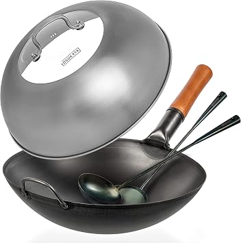 YOSUKATA Black Carbon Steel Wok Pan 14" Round Bottom With Lid 13.6 Inch - Premium Stainless Cover + Pre-Seasoned - Blue Carbon Steel 17-inch Spatula, Ladle, 3 Pairs of Chopsticks