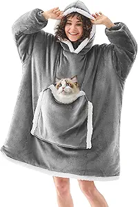 JOYWOO Wearable Blanket Hoodie,Oversized Cat Lovers Sweatshirt Blanket for Adult & Teens, Birthday Gifts for Women Men Mom Girl Boys,Cozy Sherpa Fuzzy Blanket Giant Pocket Gifts,Silver Grey Small