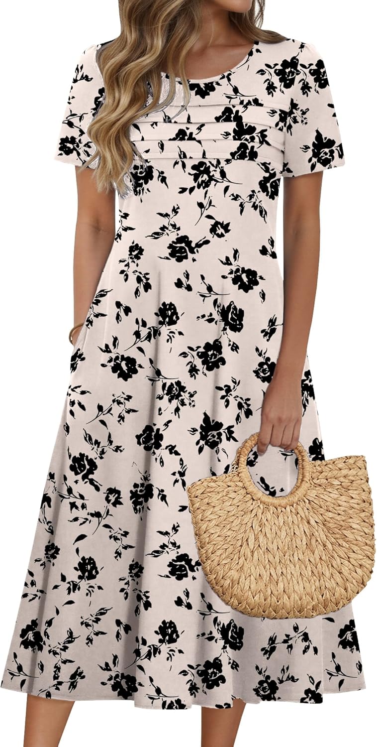 Zeagoo Womens Casual Dresses for Summer Short Sleeve Flare Midi Dress Loose Beach Sundress Pleated Front Dress with Pockets