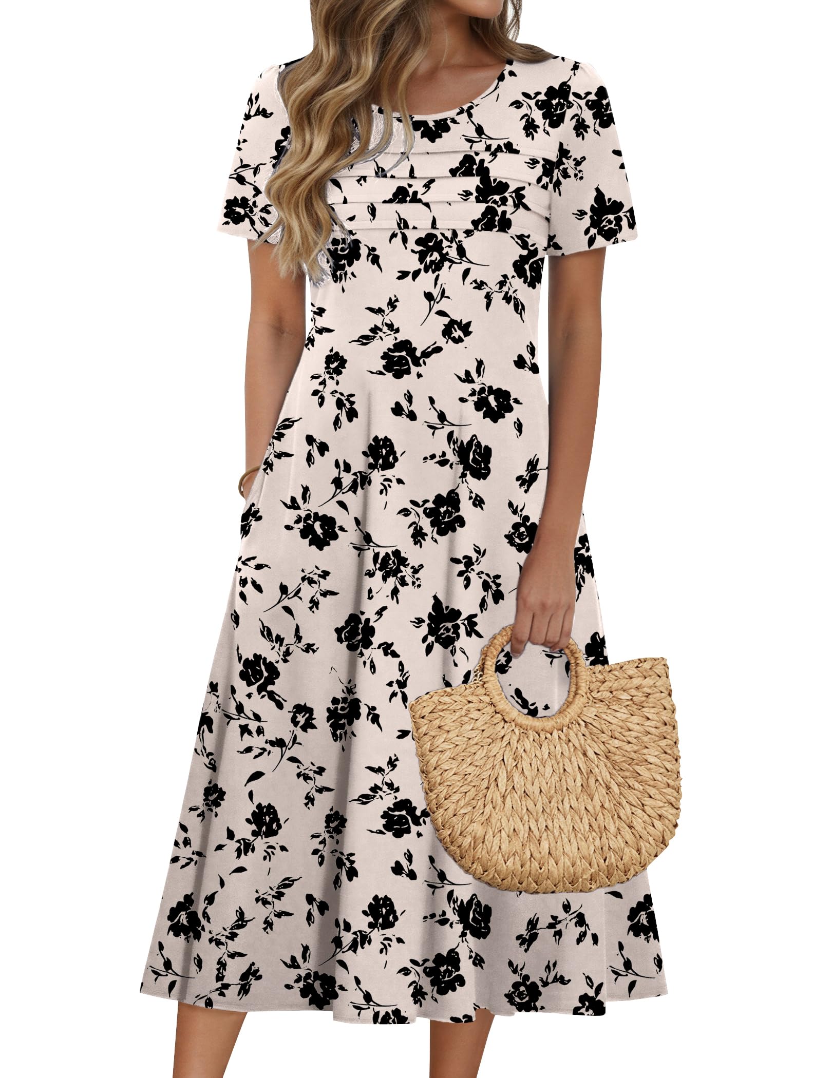 Womens Casual Dresses for Summer Short Sleeve Flare Midi Dress Beach