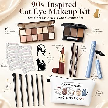 Basic Eye Makeup Kit for Women, 90s Neutral Eyeshadow, Brow Powder, Brow Stencils, Cat Eyeliner Guides, Taupe Matte Lipstick, Cat Lover Cosmetic Bag & etc. - Perfect Makeup Gift Set for Girls & Teens.