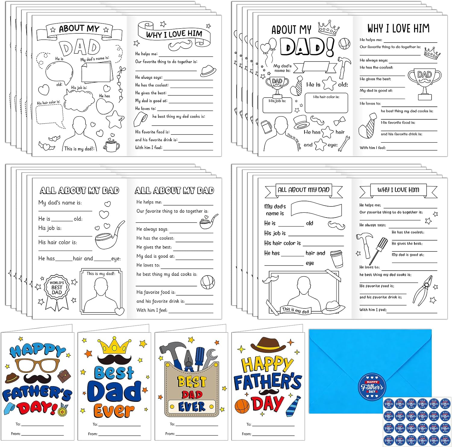 QOUBAI 24Pcs Father's Day Card Crafts for Kids Father's Day DIY Coloring Greeting Card Gifts Set with Envelopes and Stickers Religious Dad Gifts from Daughter Son for Home School Classroom Activities