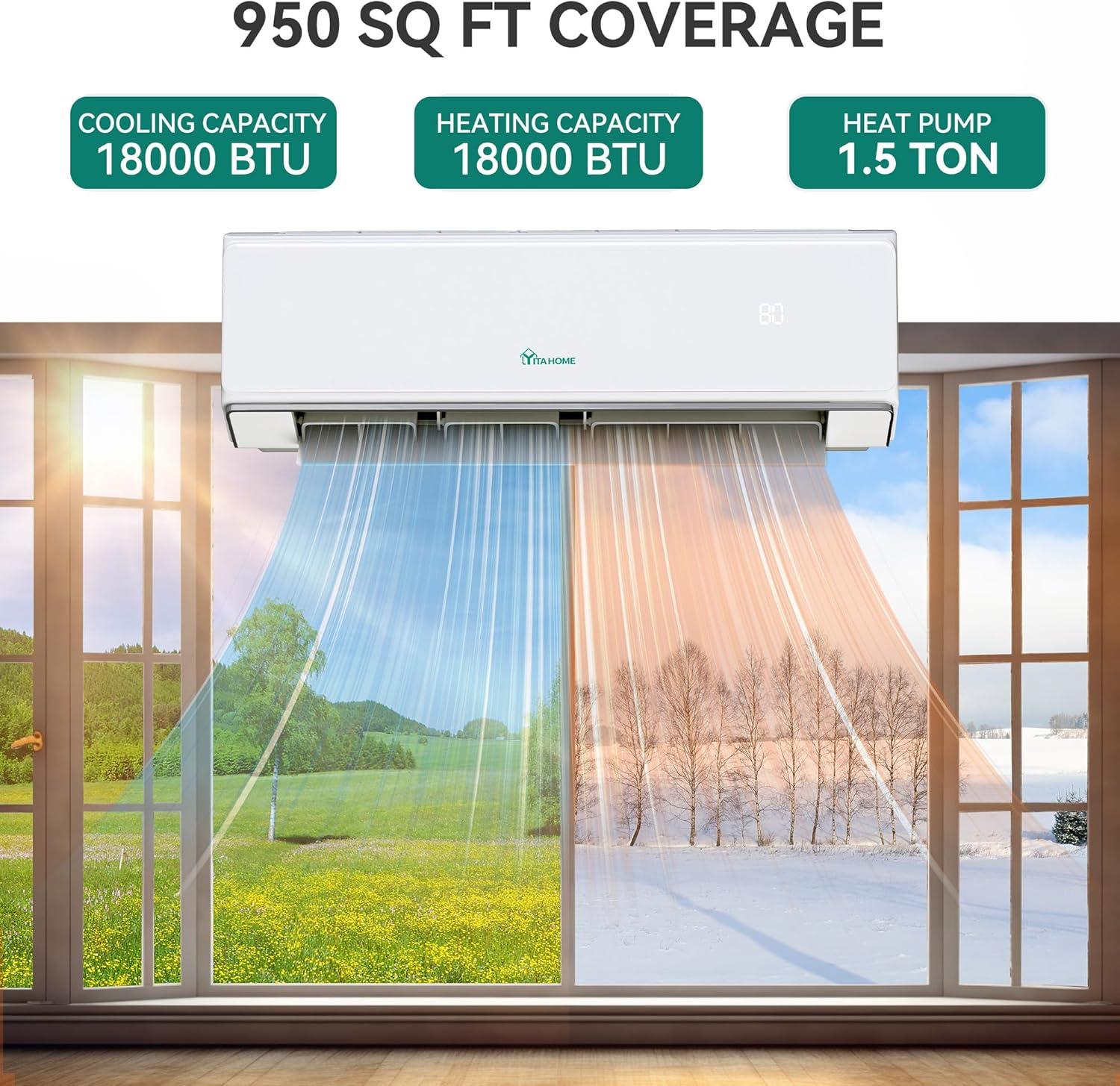 YITAHOME 22 SEER2 18K BTU 2 Zone Mini Split AC/Heating System, 9000 12000 BTU Dual Zone Mini Split Air Conditioner, Wifi Enabled 208-230V Ductless AC Cool Up to 950 Sq. Ft, Compatible with Alexa