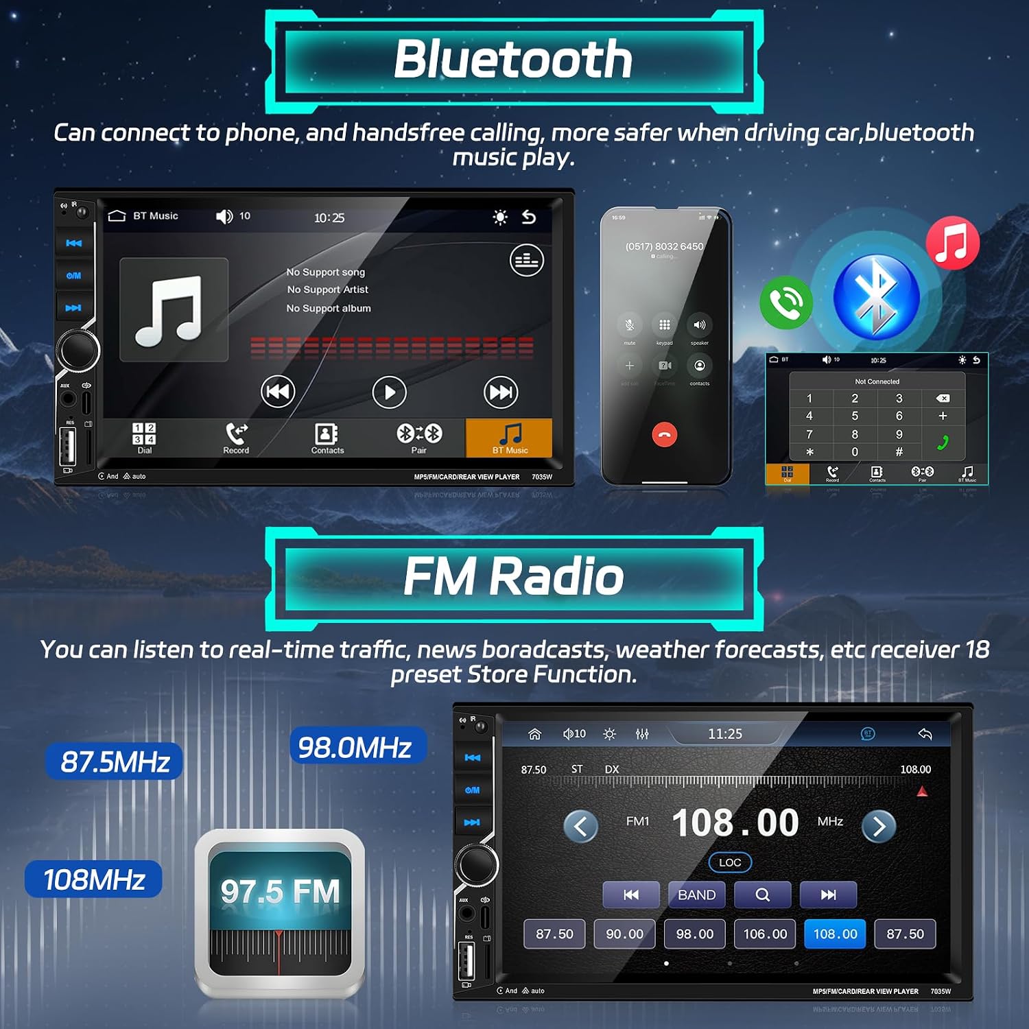 Motoris 7" Touchscreen Car Stereo with Wireless CarPlay & Android Auto, Bluetooth,Mirror Link,USB,TF, FM Radio,EQ, SWC,Colorful Backlight Settings,Backup Camera image 3