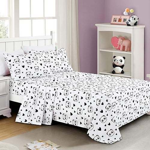 Chezmoi Collection Juego de sábanas de 3 piezas para niños y adolescentes, microfibra suave, color blanco y negro, estampado de corazones de panda,