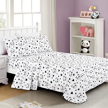 Chezmoi Collection 3-Piece Kids/Teens Panda Love Sheet Set - Soft Microfiber Black White Girls Printed Love Panda Hearts Whimsical Fun Kids Sheets, Twin Size