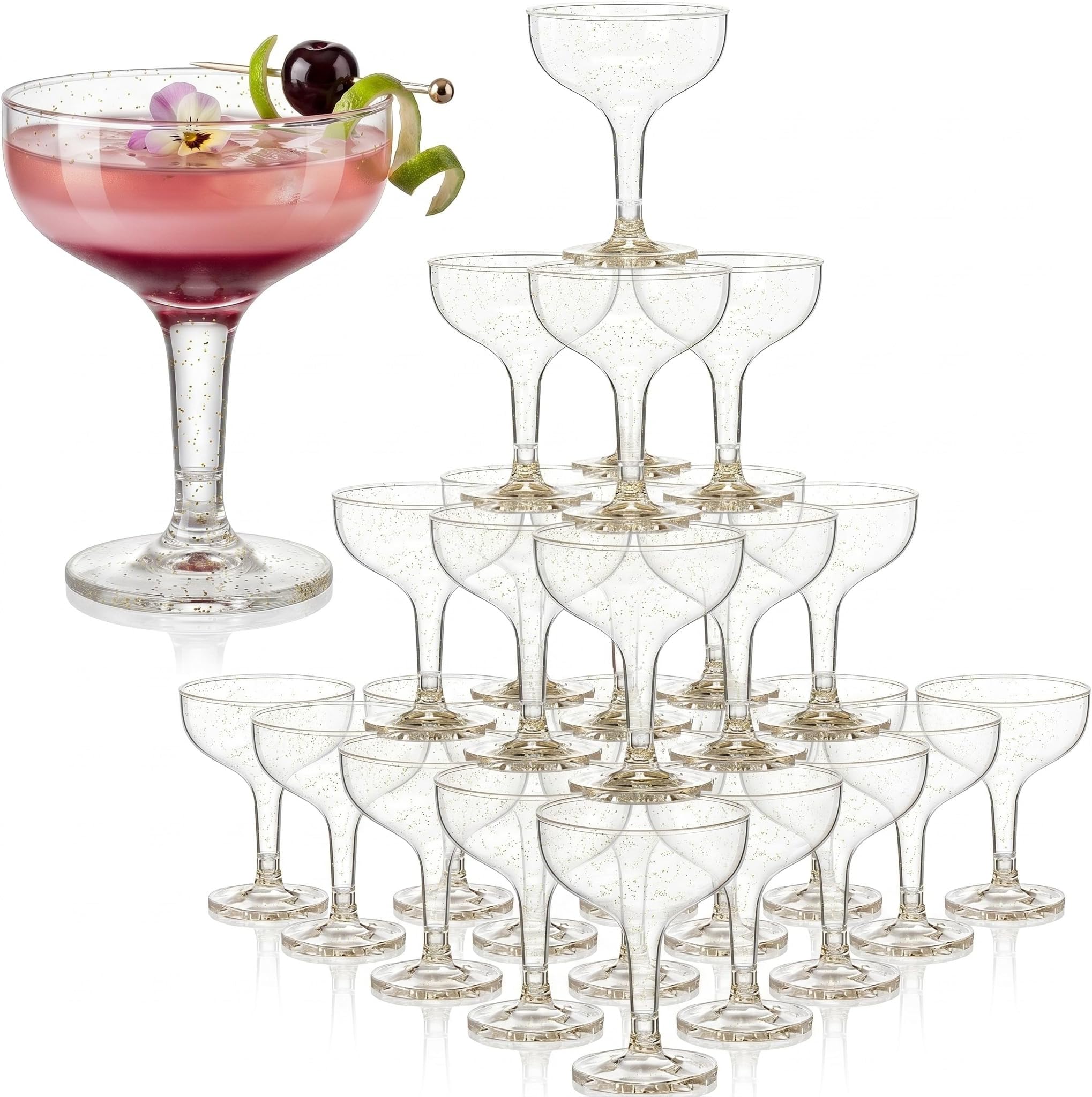 Zopeal 30 Pcs Plastic Champagne Tower Glasses - 5 oz Disposable Coupe Cocktail Cups for Graduation, Summer Pool Parties, Weddings, and Birthday Celebrations(White,Gold Glitter)