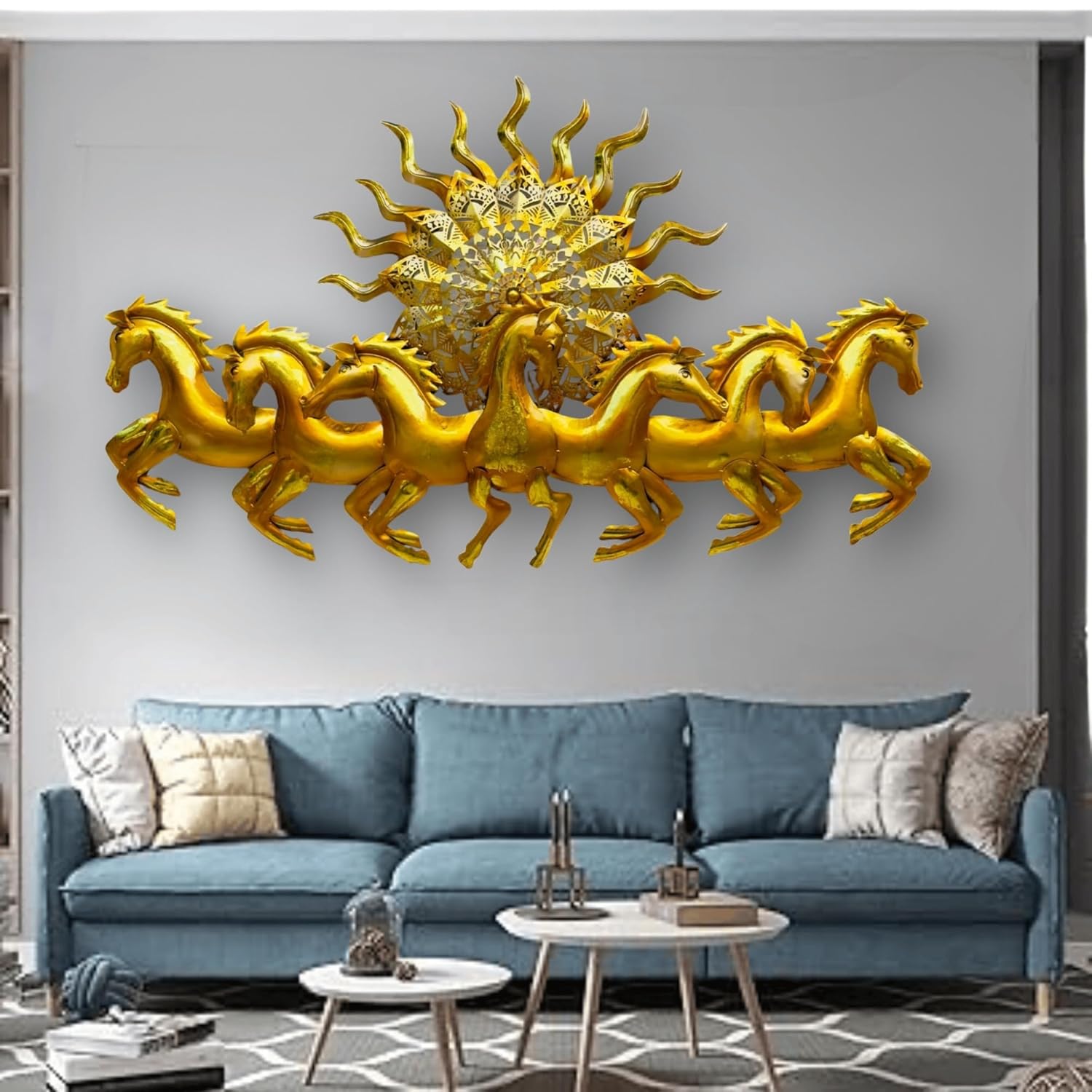 ZXC Metal Gold 7 Horses Running with LED Light 3D Wall Decor Wall Art Wall Hangings for Home Decoration/Wall Hanging Decorative Items – 46X26 Inch