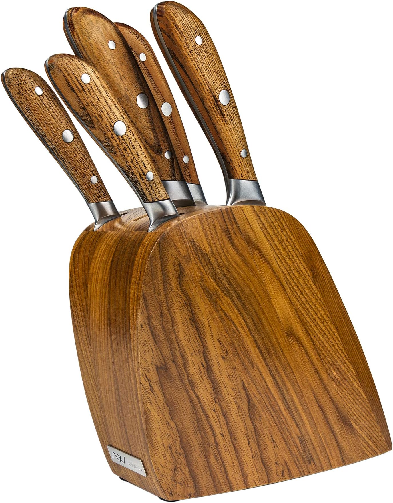 Rockingham Forge Ashwood Series 5 Piece Wooden Knife Block Set Including German Steel Blades with Heat-Treated Handles,RF-1740/6
