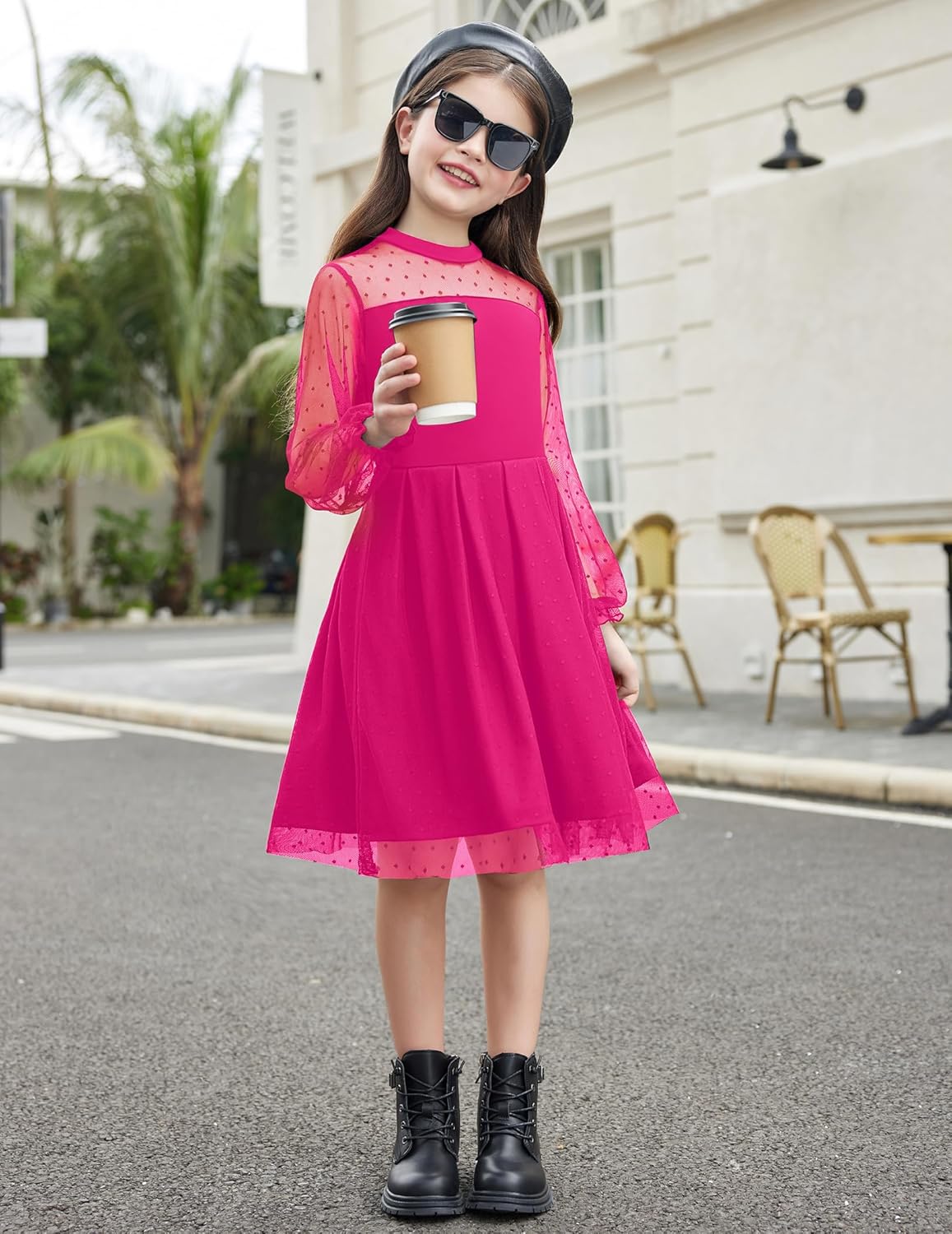Arshiner Girls Dresses Contrast Mesh Puff Long Sleeve Mock Neck Formal Party A Line Short Tulle Dress - Image 4