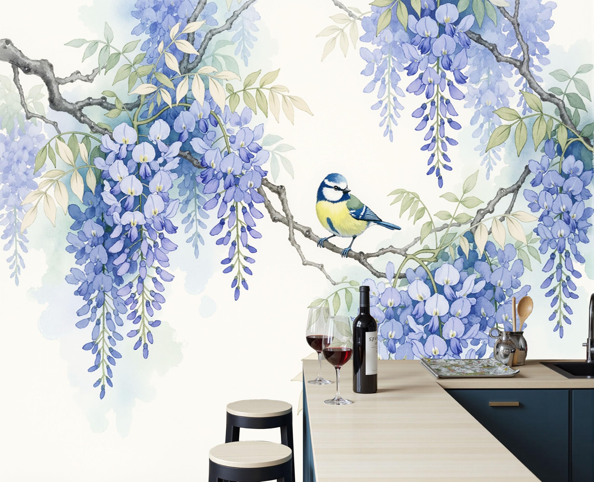 Tapisserie murale aquarelle glycine pour salon et chambre cocooning