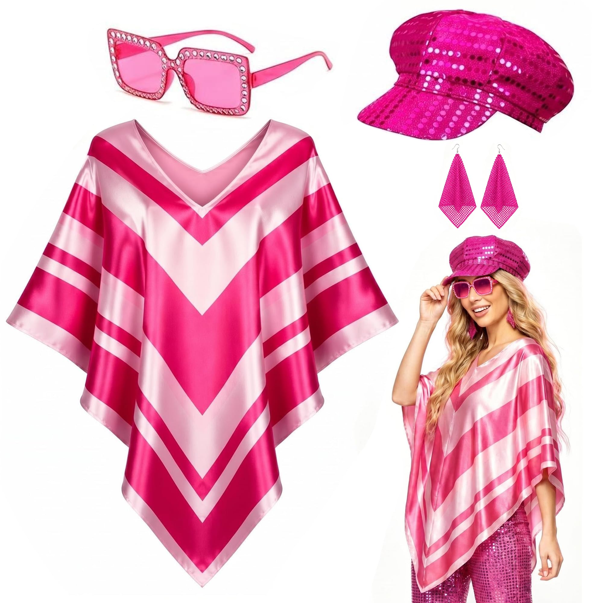 Sekepingo 4 Pcs 70s-Themed Costume Set, Women Blue Sequin Party Outfit abba outfits for women 、Striped Satin Cape Top, Sequin Disco Cap, Earrings, and Sunglasses 70s Retro Ensemble