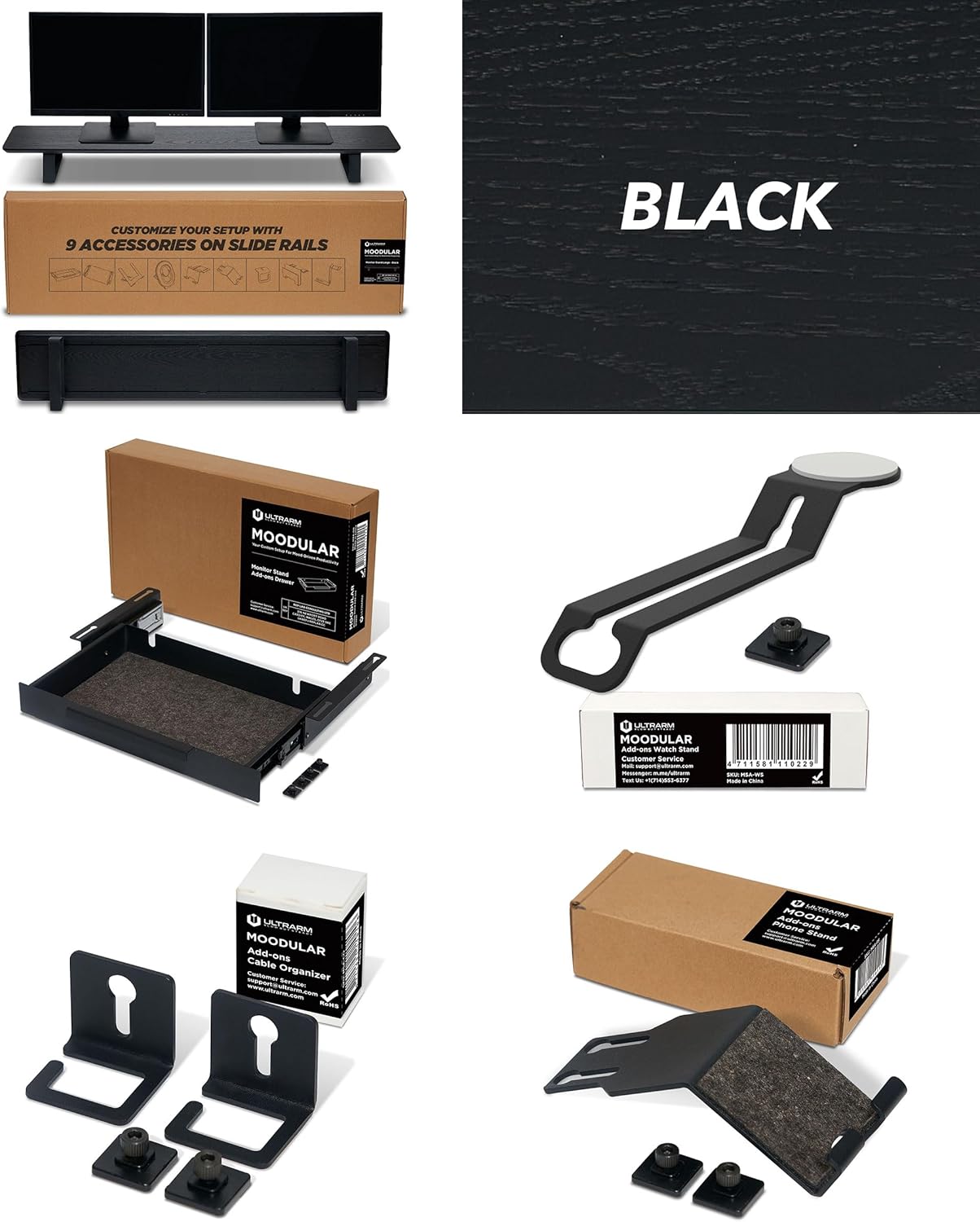 Moodular Wooden Monitor Stand Black with Add-on Accessories Storage Drawer, Watch Stand, Cable Organizer, Phone Stand