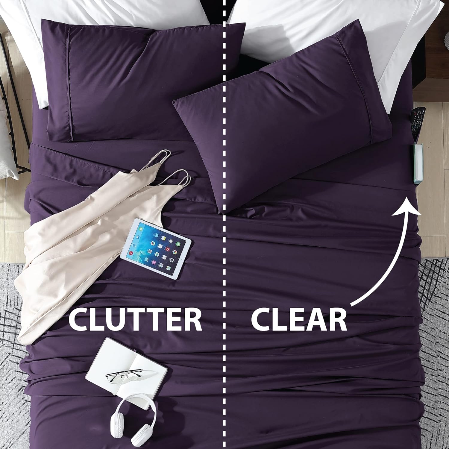 Swift Home Smart Sheets, Ultra Soft Brushed Microfiber 4-Piece Sheet Set, Fitted Bed Sheet with Side Storage Pockets – Eggplant, Queen