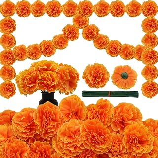 50Pcs Marigold Flower Heads Bulk, Silk Marigold with Stems Artificial Flowers for Dia De Los Muertos Diwali Decorations for Home Wreath Garland DIY Day of The Dead Altar Decor