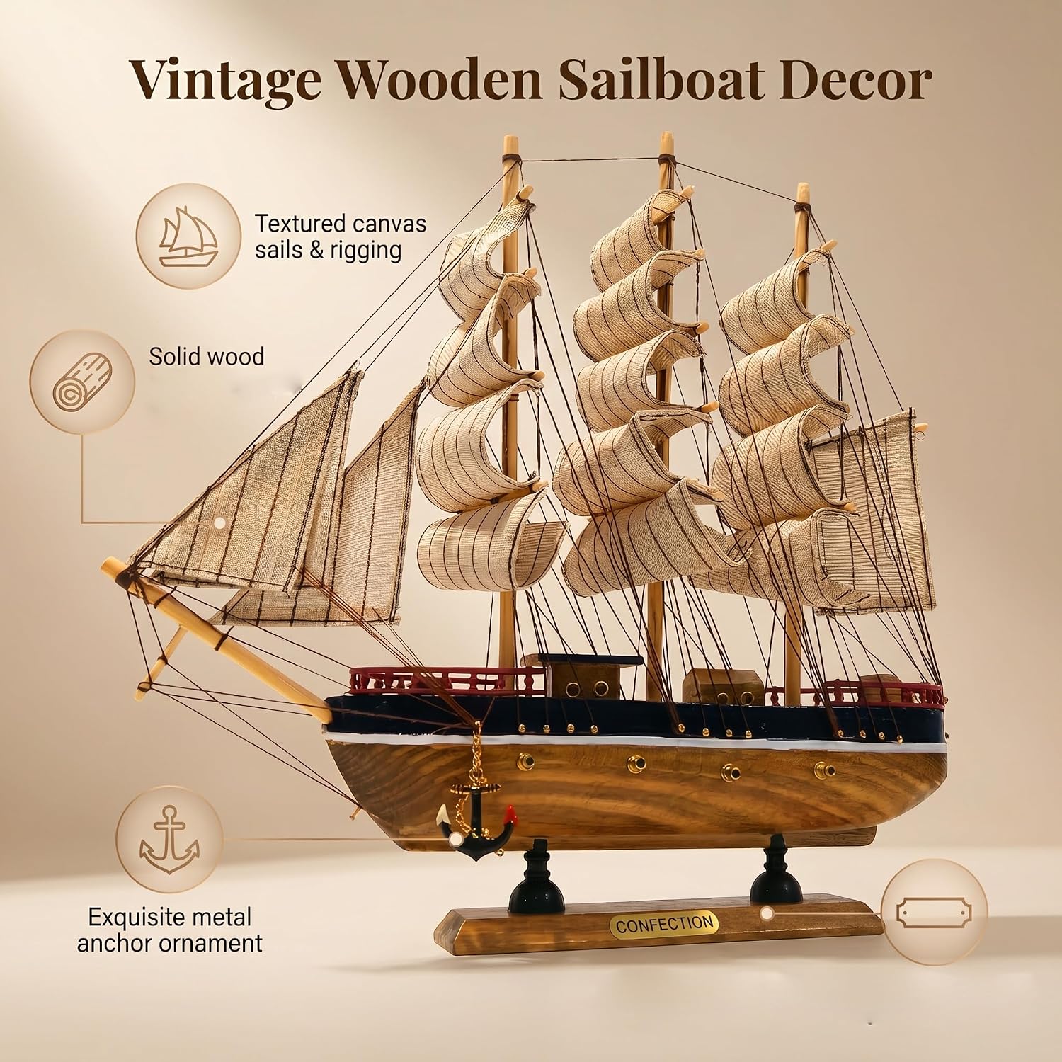 Model shipHandmade Crafts Sailing Ocean Theme Smooth Sailing Model Mediterranean Wooden Boat Suitable for Home Office Desktopssailboat (Brown) Ship