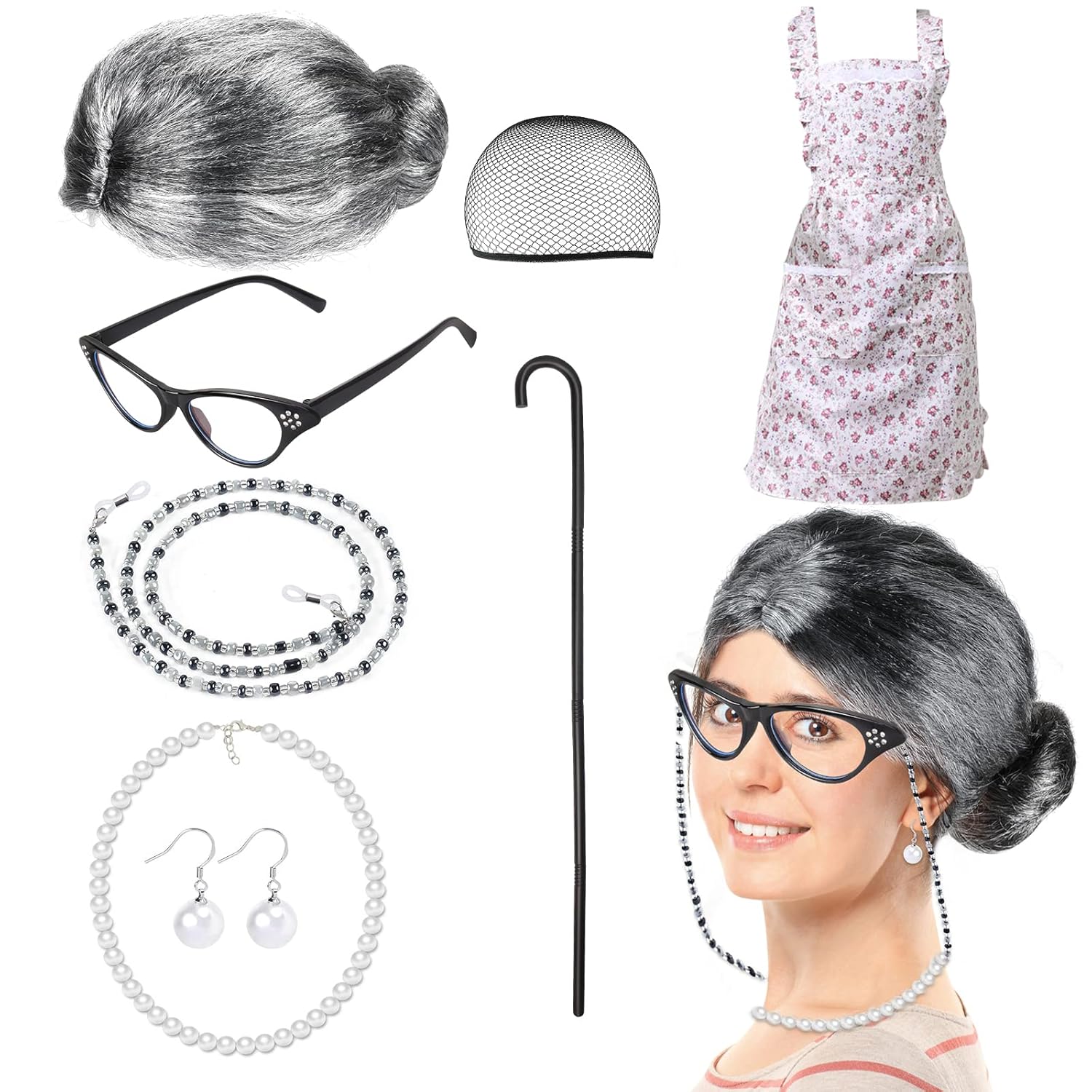 Old Lady Wig Accessories Old Women Grandma Granny Costume for Halloween Cosplay 100 Days of School